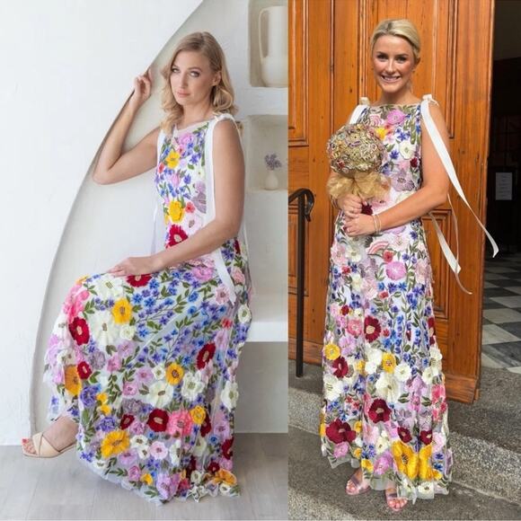 Rachel Gilbert Nya Floral Hand Embroidered Gown Textured 10 US - Picture 13 of 14